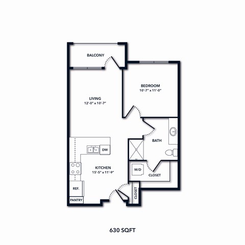 A black and white image of a floor plan for a 630 square foot home.