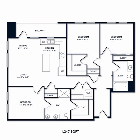 A floor plan of a 1,247 square foot home.