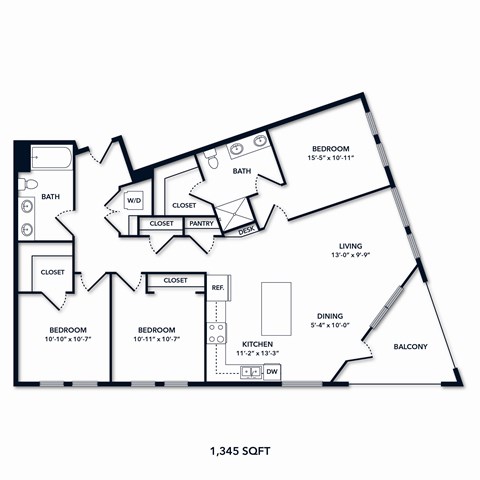A floor plan of a 1,345 square foot home.