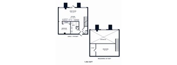 A floor plan of a two-level apartment with a total area of 1,086 square feet.