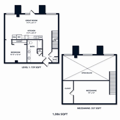 A floor plan of a two-level apartment with a total area of 1,086 square feet.