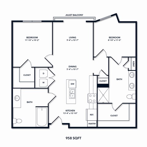 A floor plan of a 958 square foot apartment