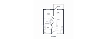 A floor plan of a 653 square foot home.