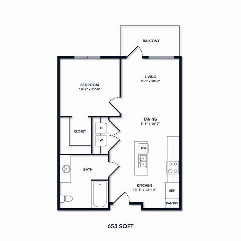 A floor plan of a 653 square foot home.