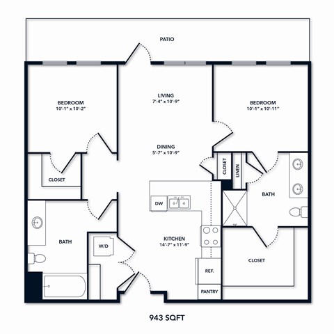 A floor plan of a 943 square foot home.