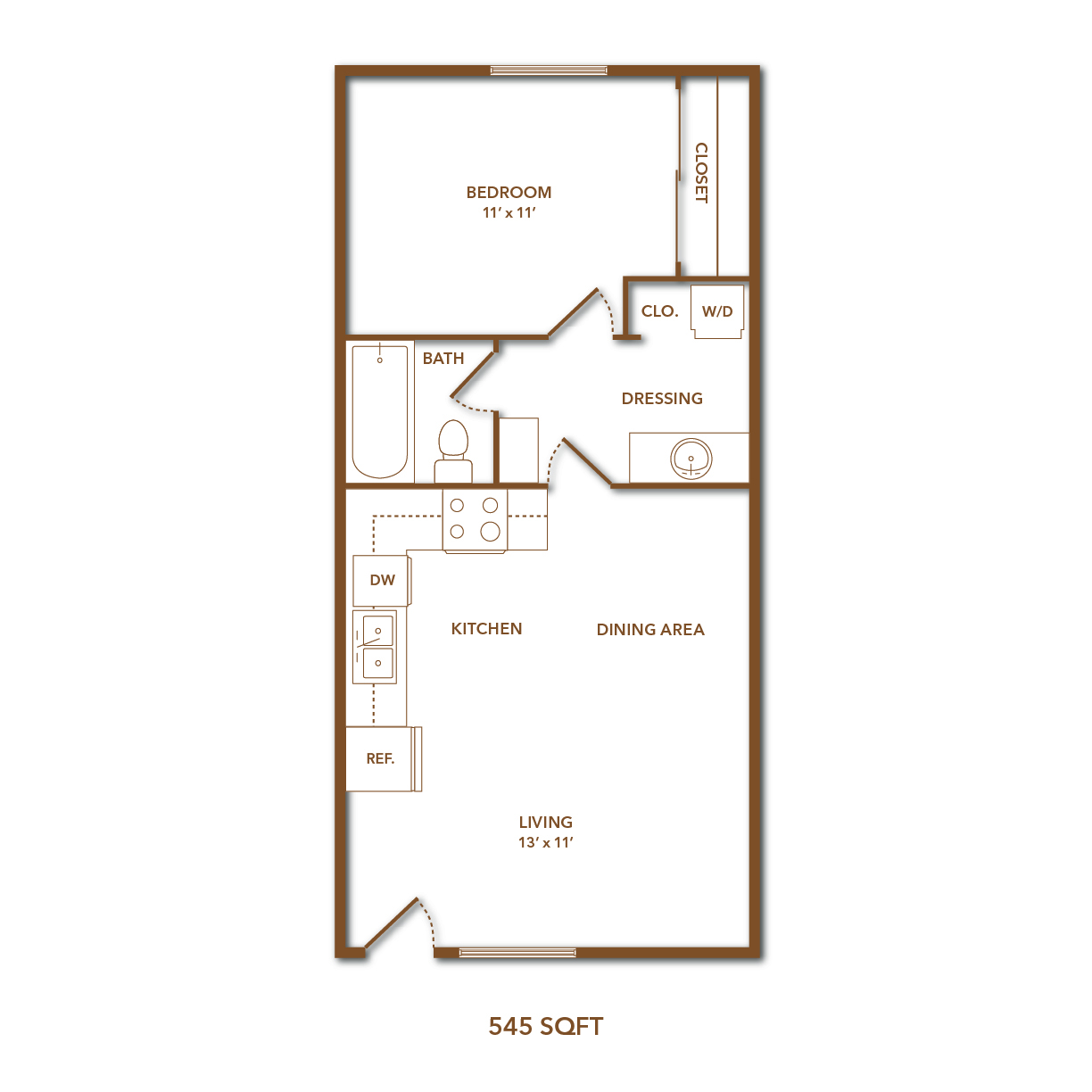 A floor plan of a 545 square feet apartment.