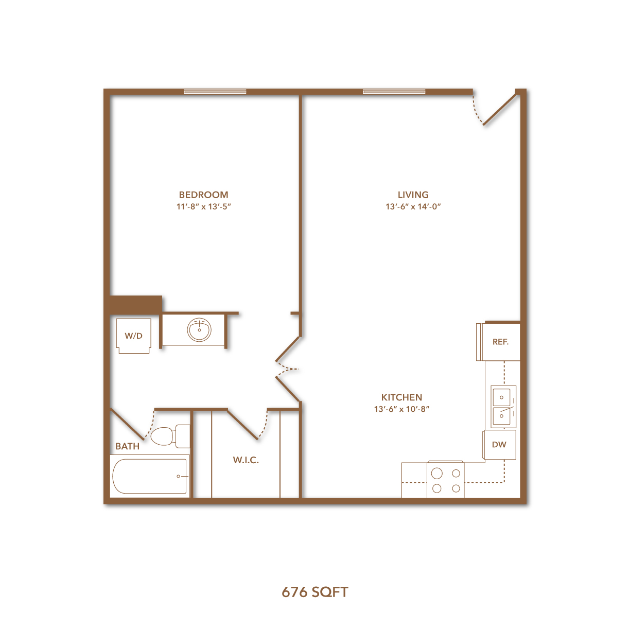 A floor plan of a 676 square foot apartment with a bedroom, living room, kitchen, and bath.