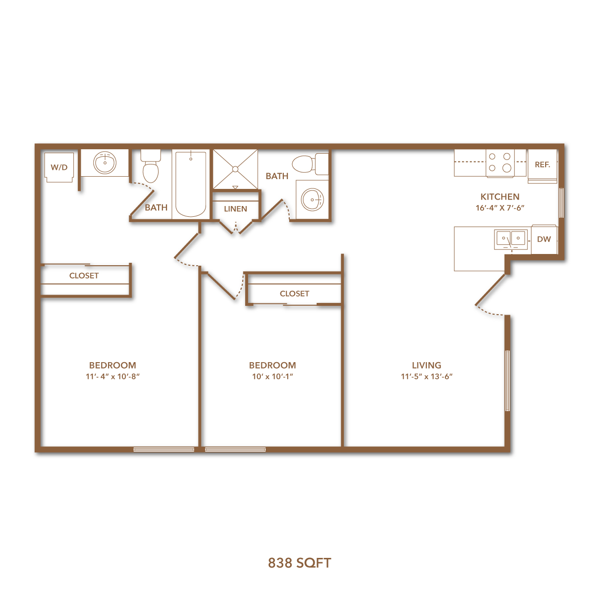A floor plan of a 838 square feet home with two bedrooms, a living room, a kitchen, a bathroom, a linen closet, and a coat closet.