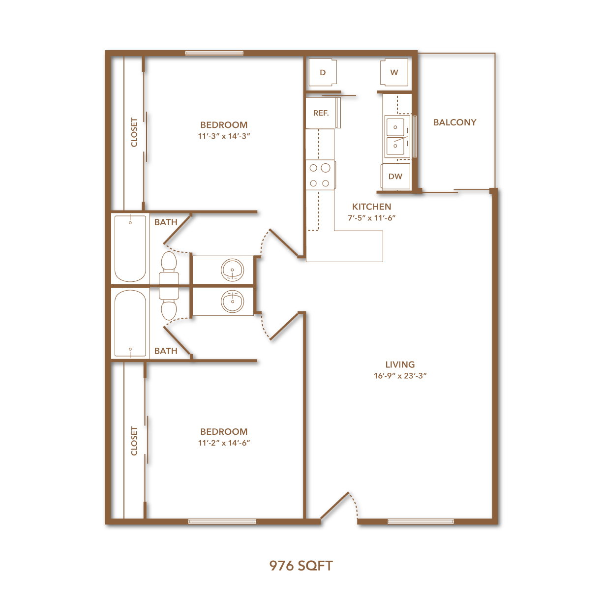 A floor plan of a 976 square foot home with two bedrooms, a living area, a kitchen, a bath, a balcony, and a reference room.