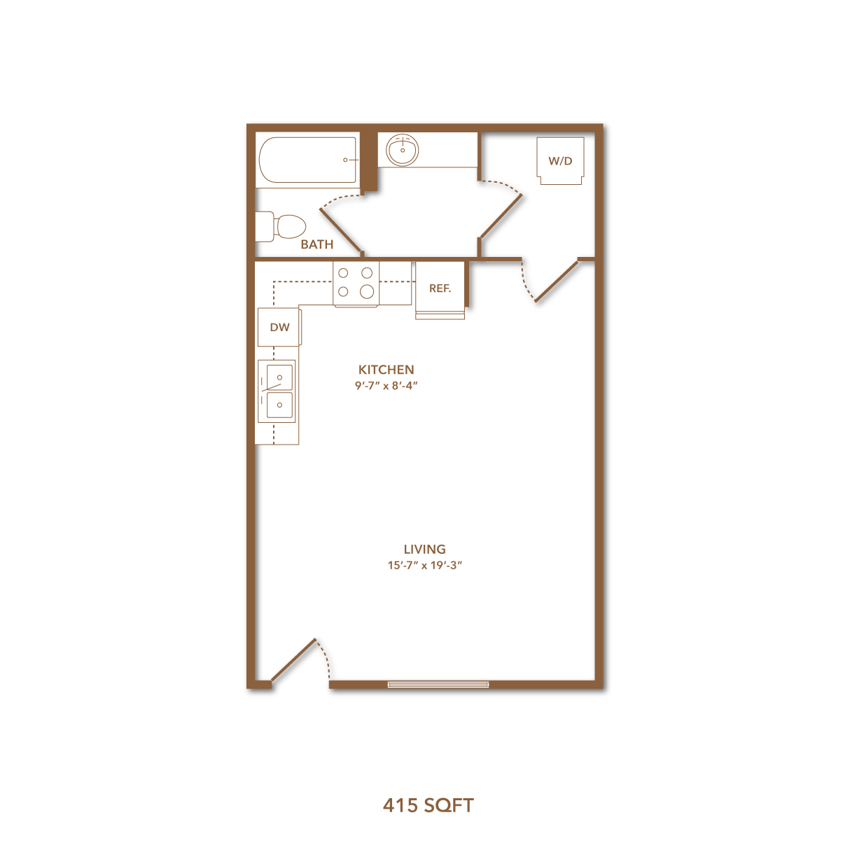 A floor plan of a 415 square feet apartment with a living room, kitchen, bathroom and a bedroom with a window.