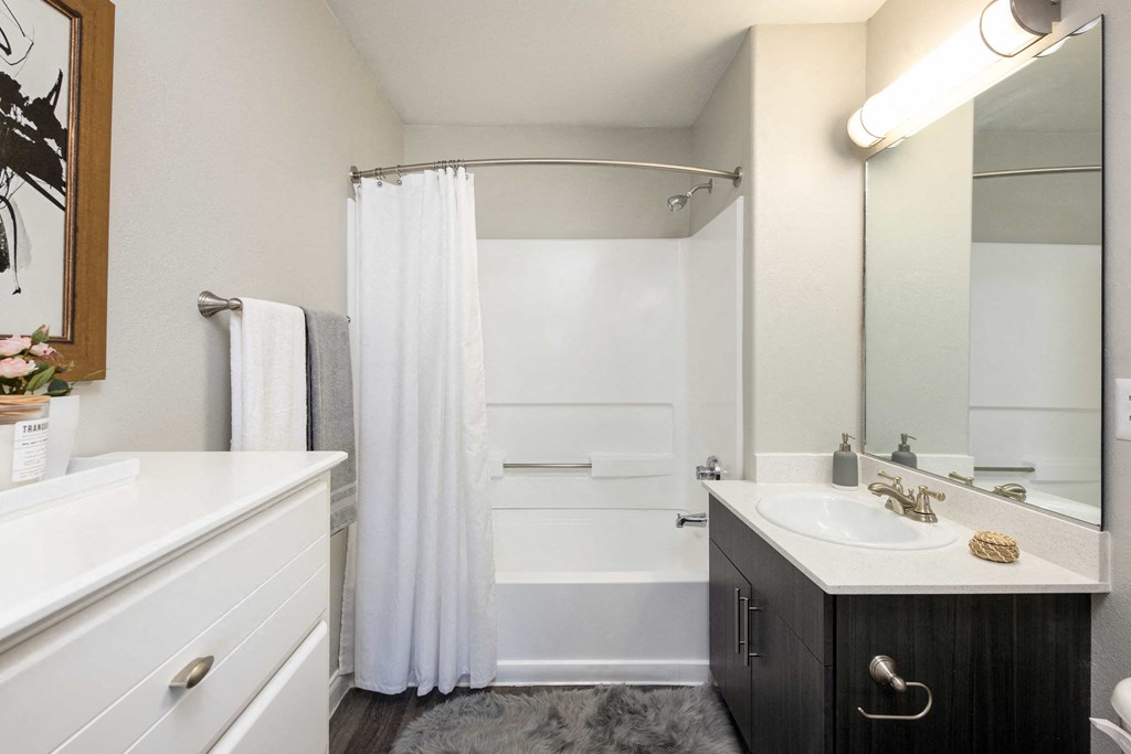 a bathroom with a shower and a sink and a mirror