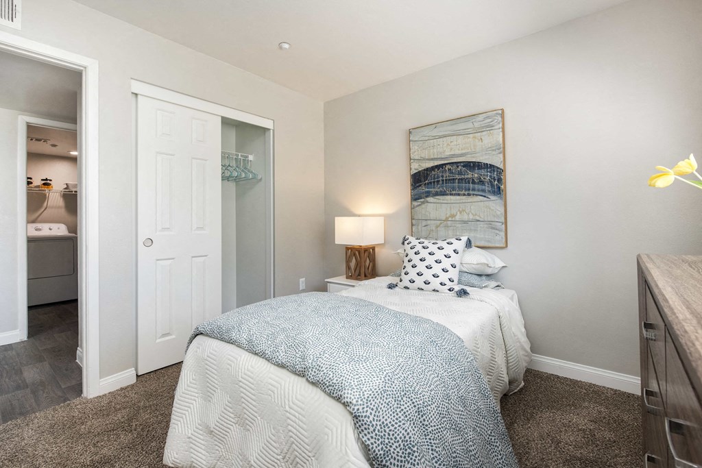 a bedroom with a bed and a closet