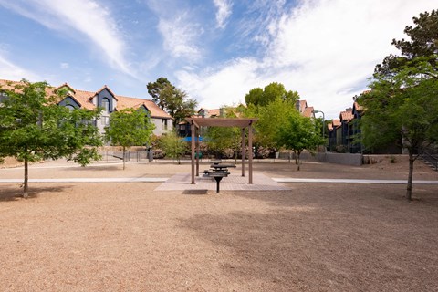 a park with a playground and trees with houses in the background