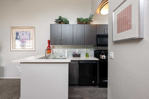a kitchen with black appliances and a counter top