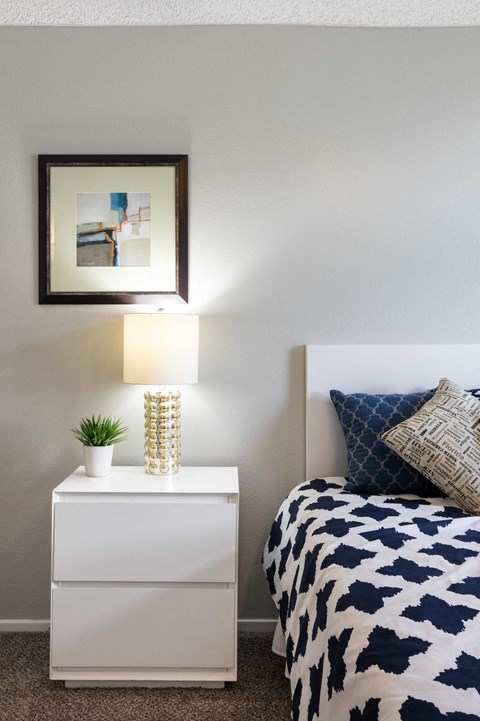 a bedroom with a white dresser and a bed with a blue and white blanket