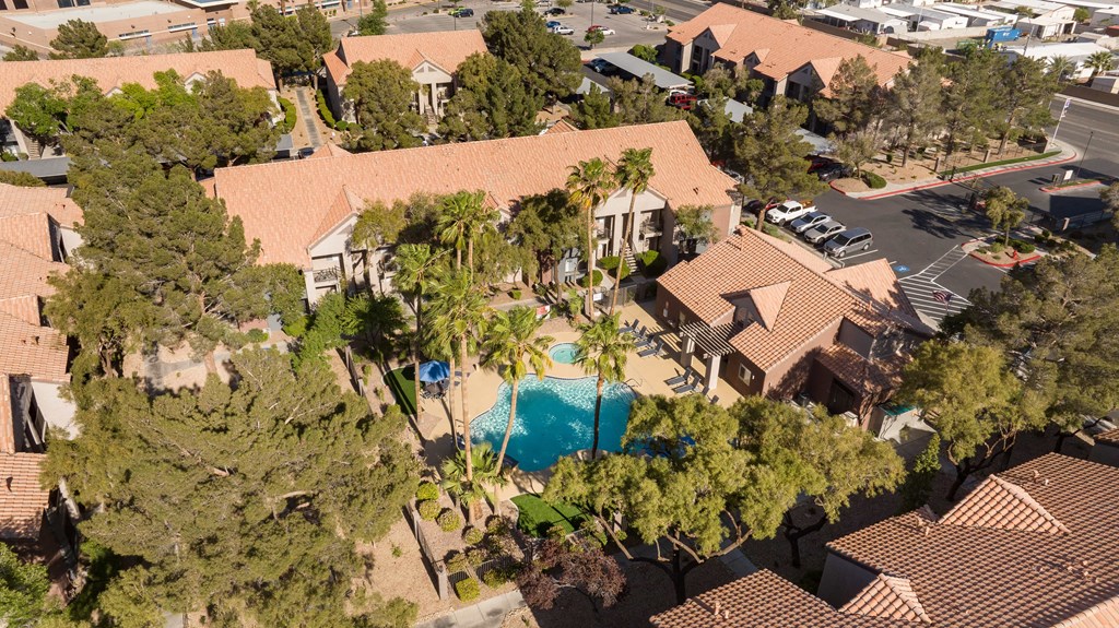 a mansion with a swimming pool in the middle of trees
