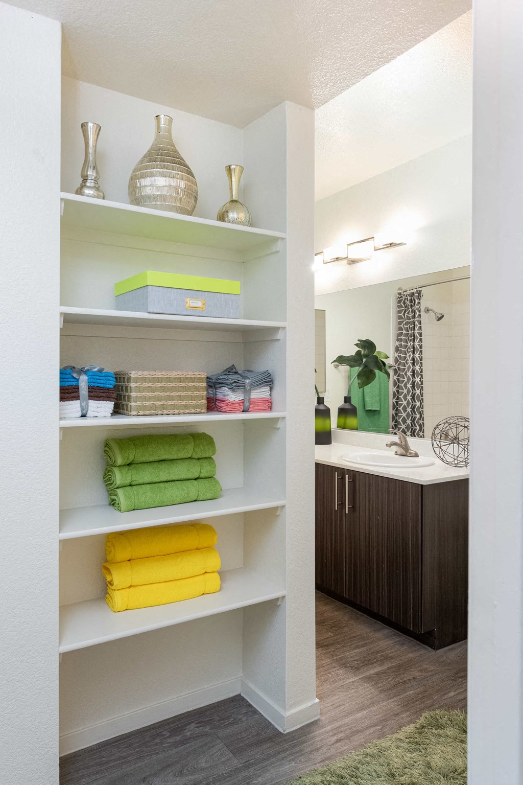 a bathroom with shelves and a sink and a mirror