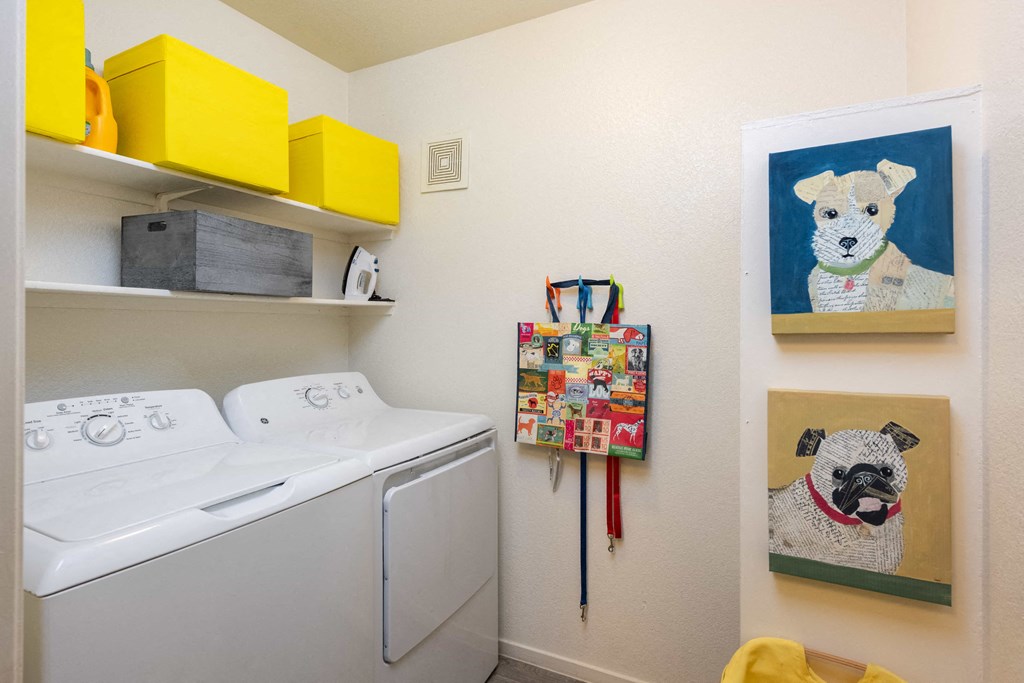 a laundry room with a washing machine and a painting of a dog