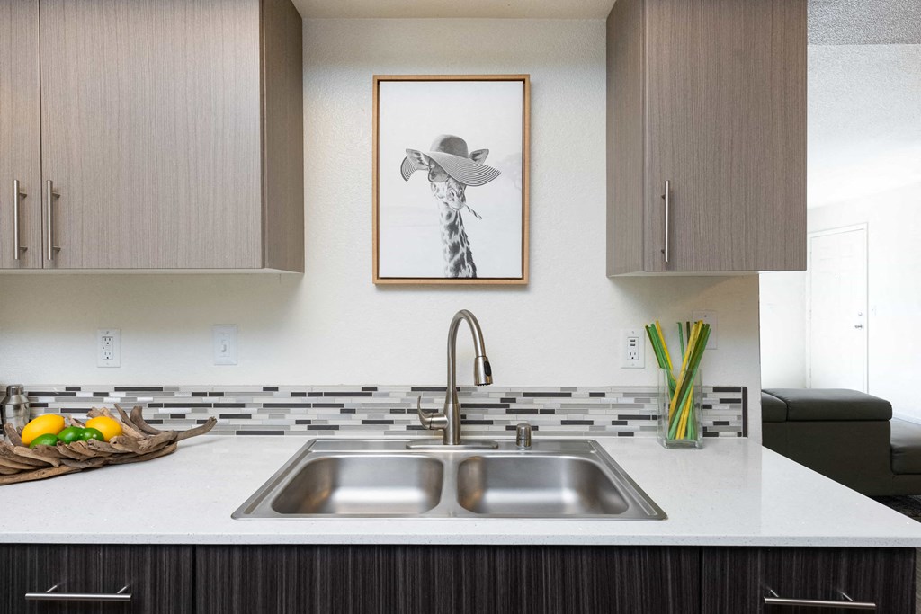 a kitchen counter with a sink and a picture on the wall