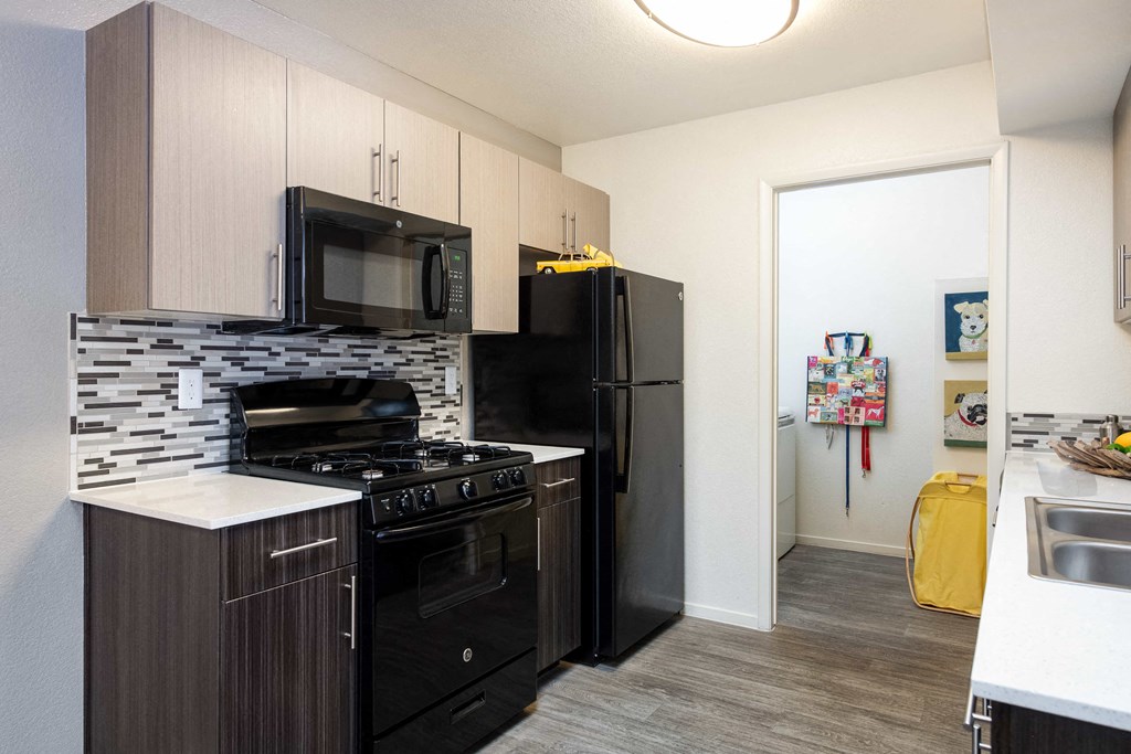 a kitchen with black appliances and a black refrigerator