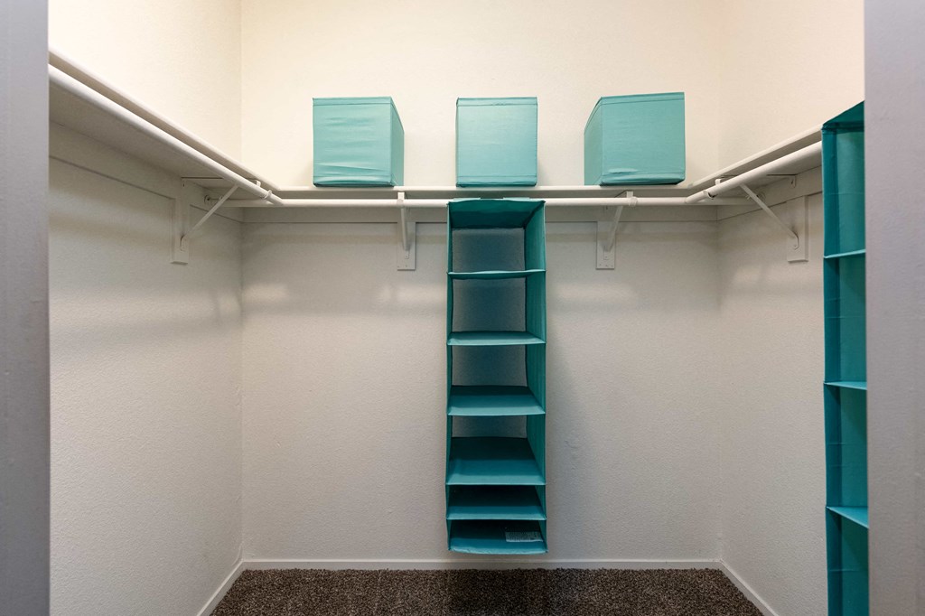 a walk in closet with blue shelves and white walls