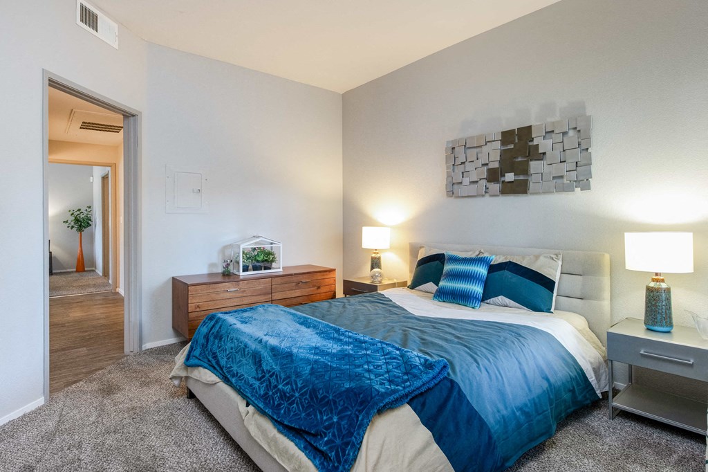 a bedroom with a bed and a closet