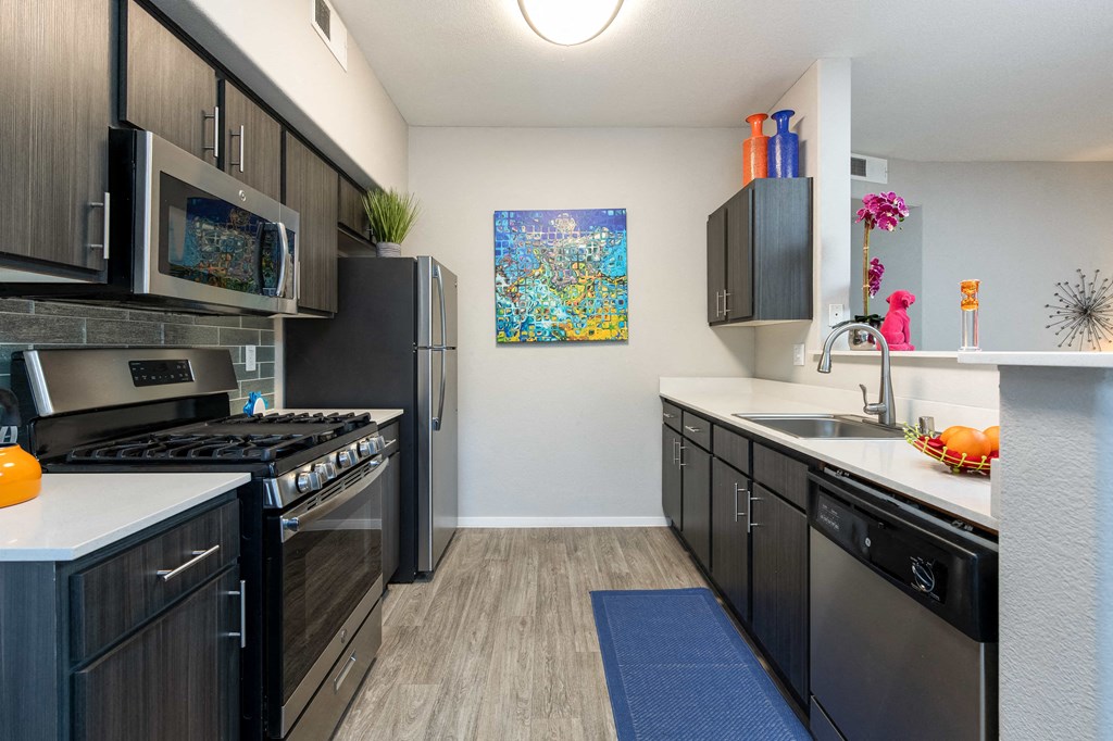 a kitchen with black cabinets and stainless steel appliances and a sink