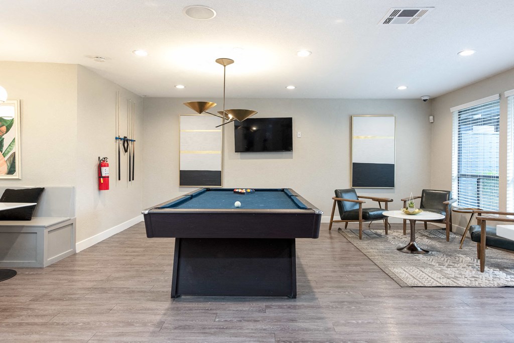 a game room with a pool table and a tv