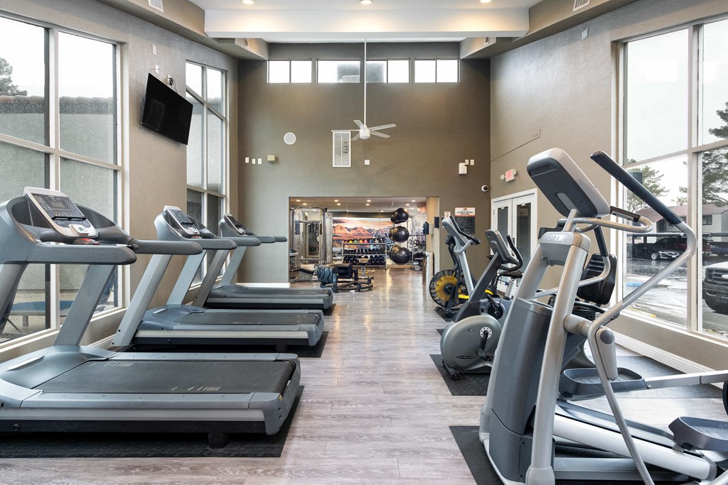 a gym with cardio equipment and large windows