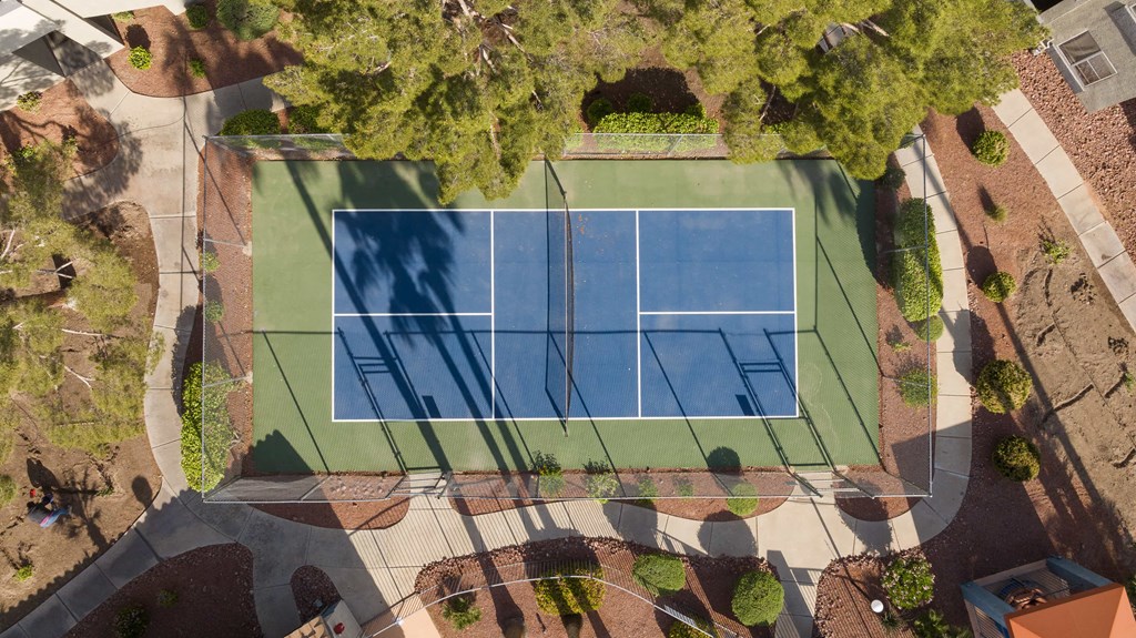 an aerial view of a tennis court with green grass and trees