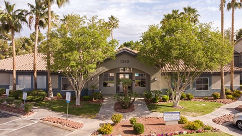 an exterior view of a building with palm trees
