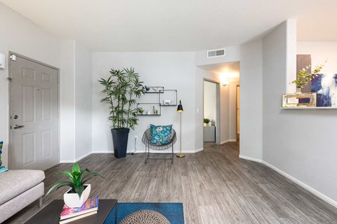 a living room with a couch and a chair and a plant