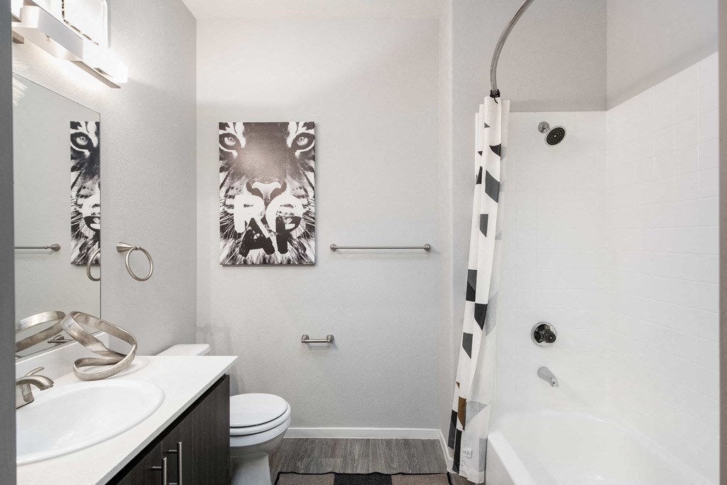 a bathroom with a shower and a sink and a toilet