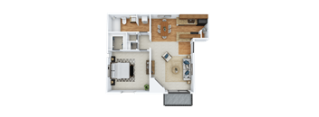 A top-down view of a house layout with a kitchen, living room, dining area, and bathroom.