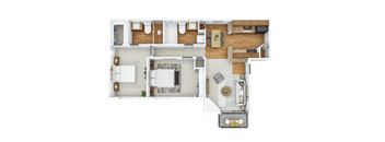 A top-down view of a house layout with a kitchen, living room, and bathrooms.