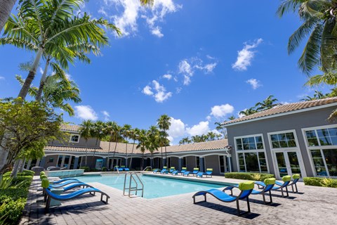 A pool surrounded by palm trees and sun loungers.