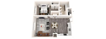 A 3D floor plan image of a one-bedroom one-bathroom apartment in Sandy Utah