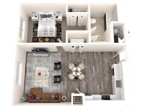 A 3D floor plan image of a one-bedroom one-bathroom apartment in Sandy Utah