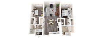 A 3D floor plan image of a two-bedroom two-bathroom apartment in Sandy Utah