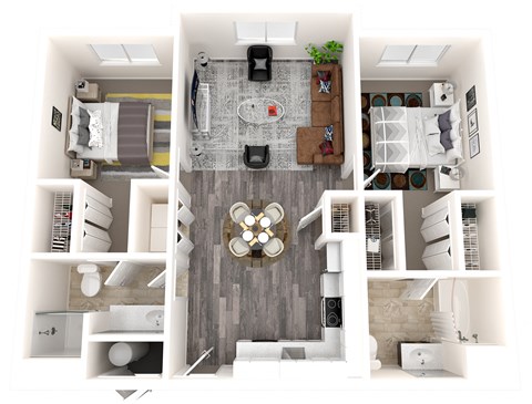 A 3D floor plan image of a two-bedroom two-bathroom apartment in Sandy Utah