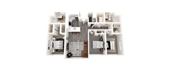 A 3D floor plan image of a three-bedroom two-bathroom apartment in Sandy Utah