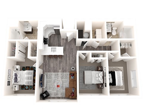 A 3D floor plan image of a three-bedroom two-bathroom apartment in Sandy Utah