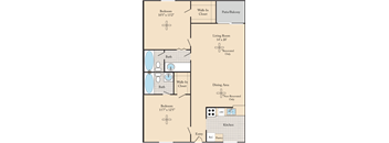 A floor plan of a house with two bedrooms, a living room, a dining area, a kitchen, and bathrooms.