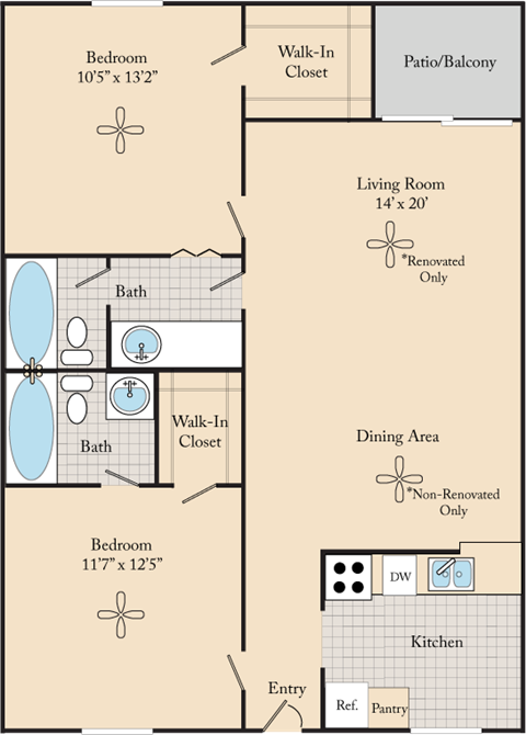 A floor plan of a house with two bedrooms, a living room, a dining area, a kitchen, and bathrooms.