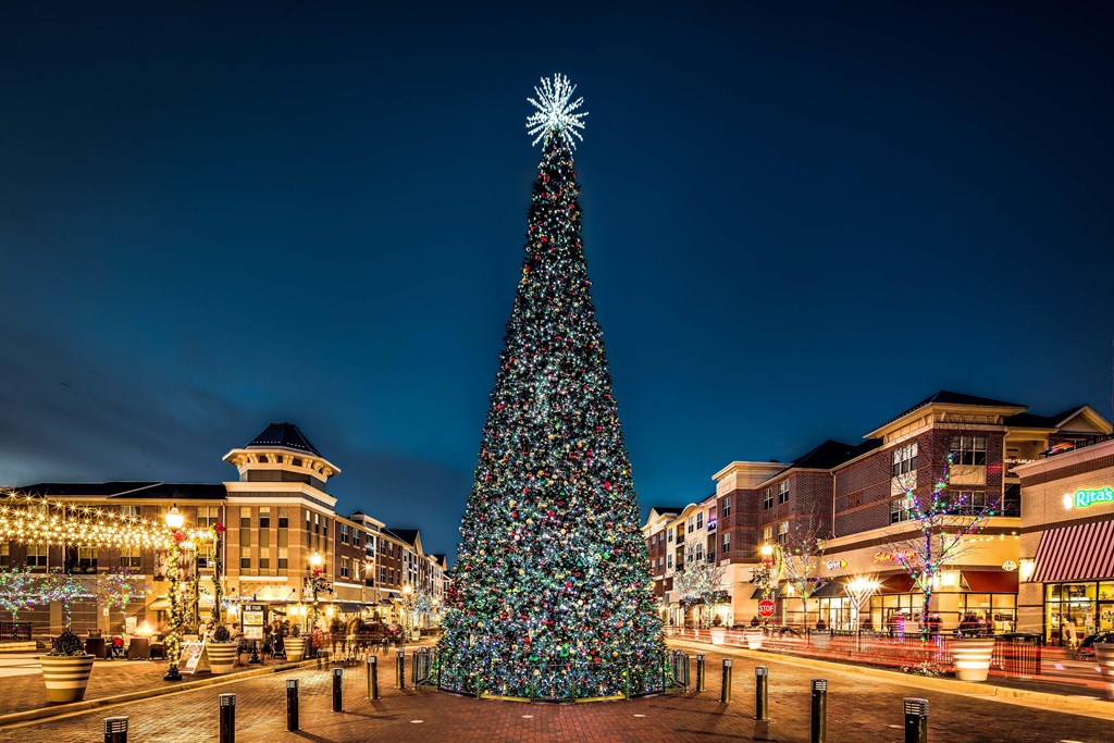 a christmas tree in a city at night