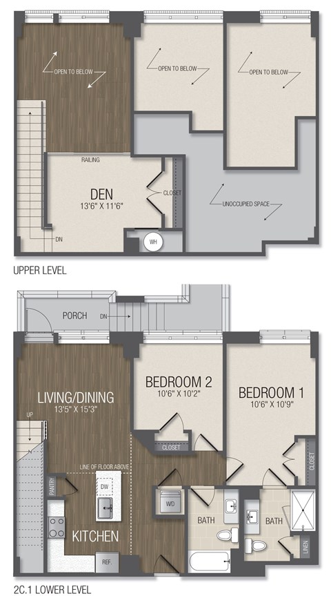 A floor plan of a two-story house with two bedrooms, a living area, a kitchen, and a den.