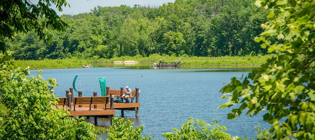 a dock on a lake with a man sitting on a bench at The Metropolitan Downtown Columbia, Columbia, Maryland