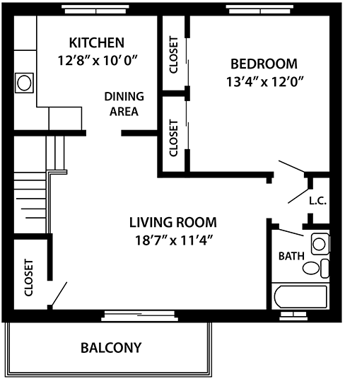 The Alpine 1 Bedroom Floor Plan at Troy Hills Village, Parsippany, NJ 07054.