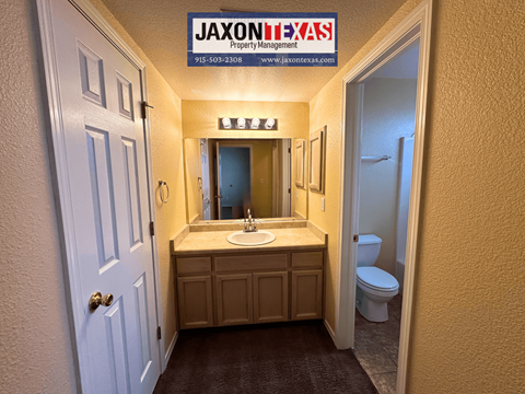 A bathroom with a sink, toilet and mirror.