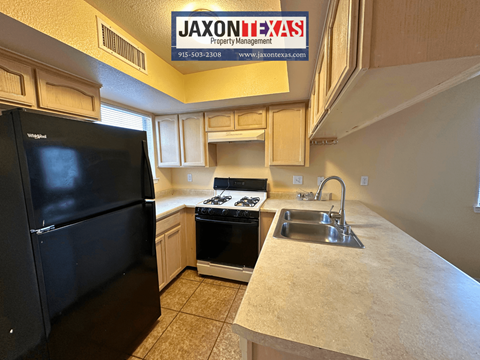 A kitchen with a black fridge and a sink with a faucet.